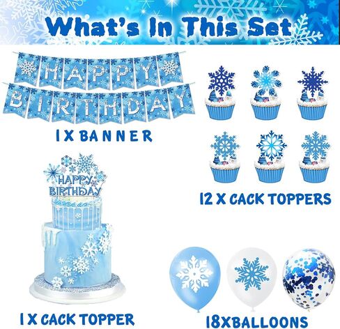 Winter Wonderland Birthday Party Decorations Snowflake Happy Birthday Banner Cake Toppers Blue White Snowflake Balloons Winter Wonderland Boys Girls 1st Birthday Party Supplies in Saudi Arabia