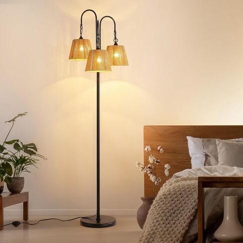 Boho Floor Lamp, 68in. Rattan Floor Lamp with Rattan Shade,3 Light Tree Standing Lamp for Bedroom,Nursery,E26 Socket, Living Room Floor Lamp for Rustic,Coastal, Beach or Bohemian Decor (Black) in Saudi Arabia
