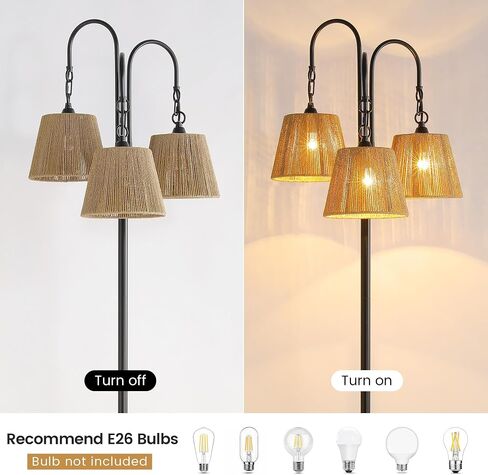 Boho Floor Lamp, 68in. Rattan Floor Lamp with Rattan Shade,3 Light Tree Standing Lamp for Bedroom,Nursery,E26 Socket, Living Room Floor Lamp for Rustic,Coastal, Beach or Bohemian Decor (Black) in Saudi Arabia