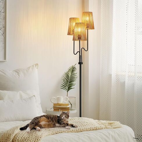 Boho Floor Lamp, 68in. Rattan Floor Lamp with Rattan Shade,3 Light Tree Standing Lamp for Bedroom,Nursery,E26 Socket, Living Room Floor Lamp for Rustic,Coastal, Beach or Bohemian Decor (Black) in Saudi Arabia