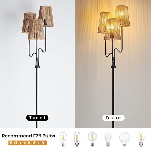 Boho Floor Lamp, 68in. Rattan Floor Lamp with Rattan Shade,3 Light Tree Standing Lamp for Bedroom,Nursery,E26 Socket, Living Room Floor Lamp for Rustic,Coastal, Beach or Bohemian Decor (Black) in Saudi Arabia