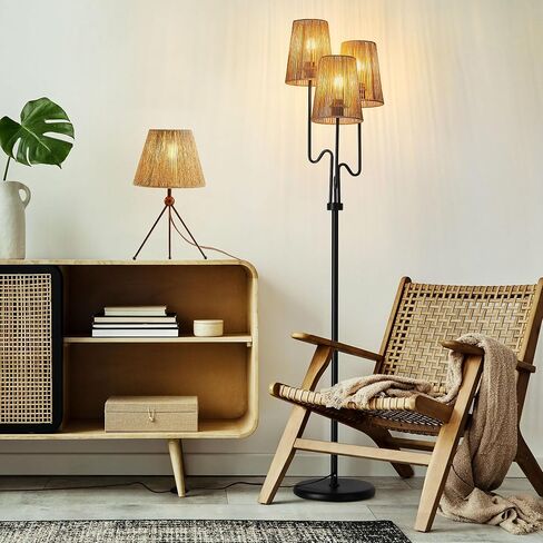 Boho Floor Lamp, 68in. Rattan Floor Lamp with Rattan Shade,3 Light Tree Standing Lamp for Bedroom,Nursery,E26 Socket, Living Room Floor Lamp for Rustic,Coastal, Beach or Bohemian Decor (Black) in Saudi Arabia