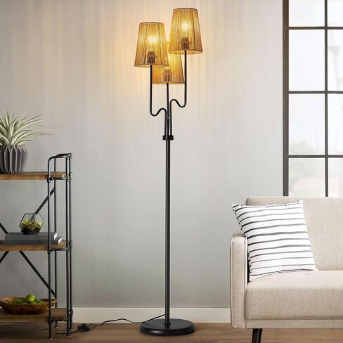 Boho Floor Lamp, 68in. Rattan Floor Lamp with Rattan Shade,3 Light Tree Standing Lamp for Bedroom,Nursery,E26 Socket, Living Room Floor Lamp for Rustic,Coastal, Beach or Bohemian Decor (Black) in Saudi Arabia