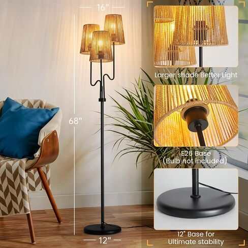 Boho Floor Lamp, 68in. Rattan Floor Lamp with Rattan Shade,3 Light Tree Standing Lamp for Bedroom,Nursery,E26 Socket, Living Room Floor Lamp for Rustic,Coastal, Beach or Bohemian Decor (Black) in Saudi Arabia