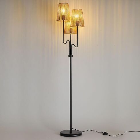 Boho Floor Lamp, 68in. Rattan Floor Lamp with Rattan Shade,3 Light Tree Standing Lamp for Bedroom,Nursery,E26 Socket, Living Room Floor Lamp for Rustic,Coastal, Beach or Bohemian Decor (Black) in Saudi Arabia