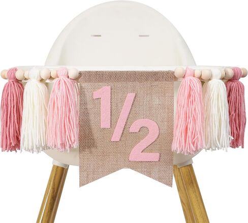 WAWUO Pink 1/2 Birthday High Chair Banner - Girls Half Birthday Party Decorations,Pink Tassel Wood Bead Highchair Garland in Saudi Arabia