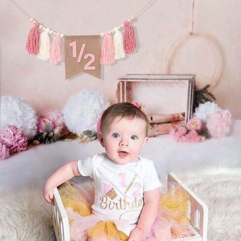 WAWUO Pink 1/2 Birthday High Chair Banner - Girls Half Birthday Party Decorations,Pink Tassel Wood Bead Highchair Garland in Saudi Arabia