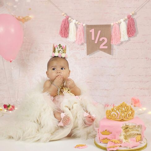 WAWUO Pink 1/2 Birthday High Chair Banner - Girls Half Birthday Party Decorations,Pink Tassel Wood Bead Highchair Garland in Saudi Arabia