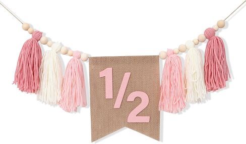WAWUO Pink 1/2 Birthday High Chair Banner - Girls Half Birthday Party Decorations,Pink Tassel Wood Bead Highchair Garland in Saudi Arabia
