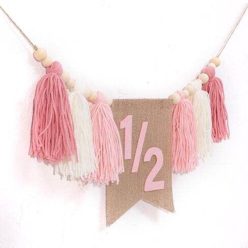 WAWUO Pink 1/2 Birthday High Chair Banner - Girls Half Birthday Party Decorations,Pink Tassel Wood Bead Highchair Garland in Saudi Arabia