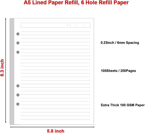 (2 Pack) A6 Lined Paper Refill 6 Ring, A6 Filler Paper for Filofax Personal Binder Planner, 100gsm Ruled Pages, 6 Hole Punched, 200 Sheets/400 Pages, 3.75 x 6.75 Inch in Kuwait