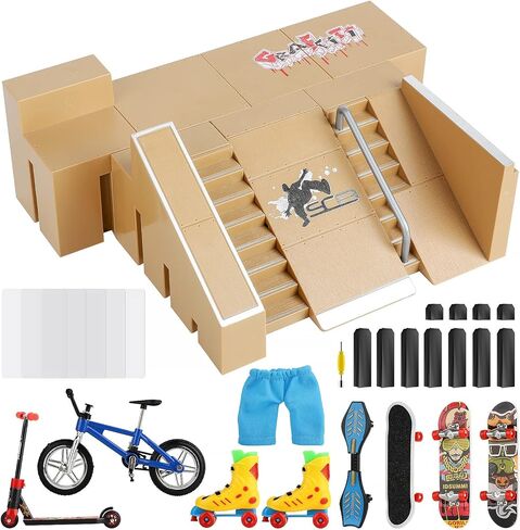 DaCool Fingerboard Skate Park Kit 19 PCS Fingerboard Ramps Mini Finger Toys Finger Skateboards Swing Board Finger Bike Scooter Roller Skates Fingerboard Skatepark Ramp Deck for Kids Gift in Kuwait