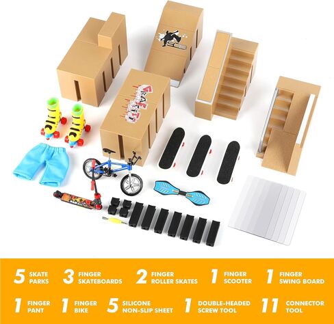 DaCool Fingerboard Skate Park Kit 19 PCS Fingerboard Ramps Mini Finger Toys Finger Skateboards Swing Board Finger Bike Scooter Roller Skates Fingerboard Skatepark Ramp Deck for Kids Gift in Kuwait