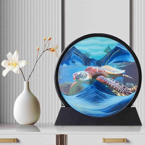 Double Side Moving Sand Art, 3D Dynamic Sand Art Liquid Motion with Mirror, Motion Round Glass 3D Deep Sea Landscape, Sensory Relaxing Desktop Table Decor Desk Home and Office (blue turtles, 7“) in Saudi Arabia