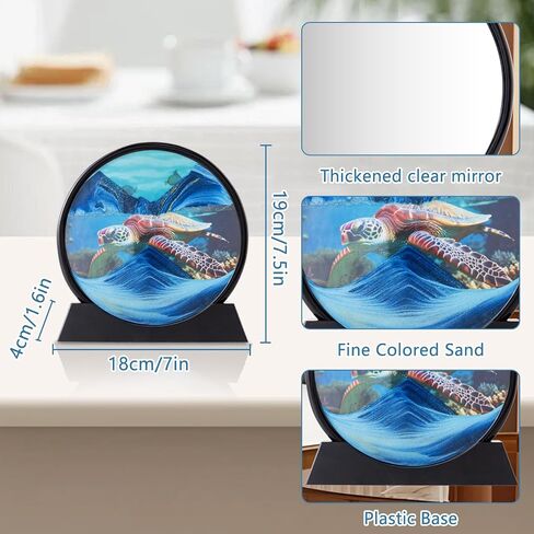Double Side Moving Sand Art, 3D Dynamic Sand Art Liquid Motion with Mirror, Motion Round Glass 3D Deep Sea Landscape, Sensory Relaxing Desktop Table Decor Desk Home and Office (blue turtles, 7“) in Saudi Arabia