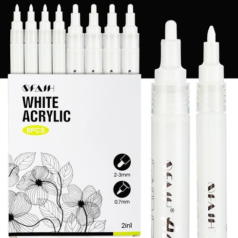 SFAIH Acrylic White Paint Pens - 8 Pack 2-3MM Medium Tip & 0.7MM Extra Fine White Paint Marker for Rock Painting, Wood, Metal, Fabric, Plastic, Canvas, Glass, Ceramic, Diy Crafts in Kuwait