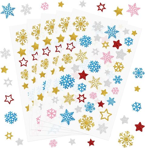 Glitter Christmas Stickers Stars Snowflake Glitter Sticker for Crafts Xmas Holiday Envelopes Card Decoration 225Pcs in Saudi Arabia