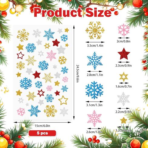 Glitter Christmas Stickers Stars Snowflake Glitter Sticker for Crafts Xmas Holiday Envelopes Card Decoration 225Pcs in Saudi Arabia