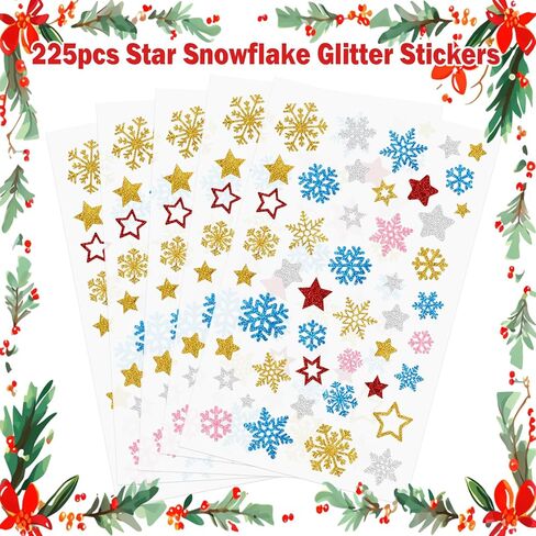 Glitter Christmas Stickers Stars Snowflake Glitter Sticker for Crafts Xmas Holiday Envelopes Card Decoration 225Pcs in Saudi Arabia