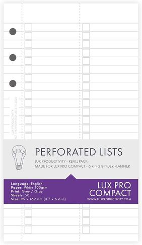 LUX COMPACT: Perforated Lists – LUX Productivity Refill Pack - Planner Page Inserts - Compatible with the LUX COMPACT 6-Ring Binder Organizer in Saudi Arabia