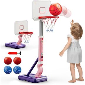 Toddler Basketball Hoop, Adjustable Height 2.3-4.5ft Baby Basketball Goal Set with 4 Balls & Pump, Backyard Poolside Basketball Toy for Boys & Girls Birthday Gift, Pink