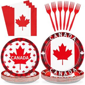 96Pcs Canadian Flag Party Supplies - 350 GSM Maple Leaves Party Plates and Napkins - Canada Day Tableware - Serves 24