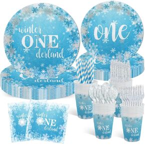 MEHOFOND 192Pcs Winter Onederland Birthday Party Supplies, Happy 1st Birthday Party Decorations for Boy, Blue Snowflake Plates and Napkins Set Disposable One Birthday Party Tableware Dinnerware for 24
