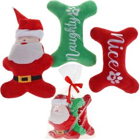 Dog Christmas Toys Pack, Santa Puppy Toy and Plush Pet Squeaky Bone Toys for Small Medium Dogs