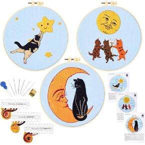 Crafmanoe Cat Embroidery Kit for Beginners Adults, Vintage Stamped Cross Stitch Kits for Beginners Adults, Retro Sun Hand Embroidery Needlepoint Starter Kits, 3 Set Embroidery Hoops and Video Tutorial