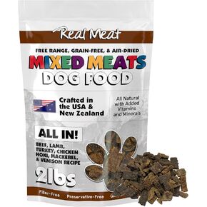 Mixed Meat All-in Air Dried Dog Food w/Real Beef, Lamb, Chicken, Turkey, Venison, & Fish for a Well-Balanced Diet - 2lbs of Grain-Free, High Protein, Real Meat Dog Food for Dogs of Any Age