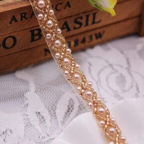 FQTANJU 3Yards Rose Gold Beaded Crystal Rhinestone Applique, Rhinetones Trim for Dress, Bridal Applique, Crystal Beaded Applique for Bridal Wedding, Party and Other Formal Occasions