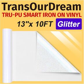 TransOurDream Tru-PU Smart Iron On Vinyl for Maker 3, Explore 3, Cameo, White Glitter Iron On Vinyl, 13in x 10ft Smart Vinyl for Matless Cutting, Thinner, Soft, Sticky, Glitter White HTV