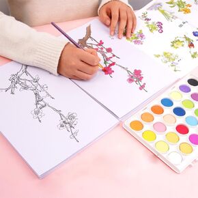 36 Colors Watercolor Paint with 8''x12'' 20pcs Flower Watercolor Paper Pad, 6''x8'' 20pcs Blank Watercoloring Paper Stress-Relief Painting Art Supplies Set