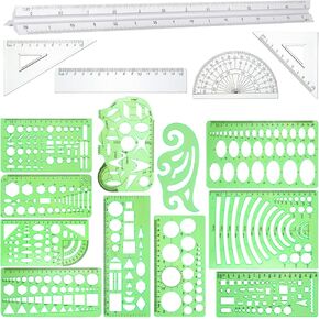Zonon 16 Pcs Geometric Drawing Templates Kit, Drafting Stencils Measuring Rulers 12 Inch Aluminum Architect Scale Building Geometric Plastic Ruler for Design School Studying Office Building