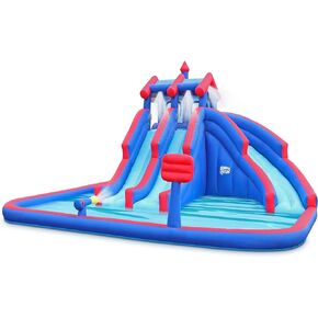Sunny & Fun Mega Sport Inflatable Water Triple Slide Park – Heavy-Duty for Outdoor Fun - Climbing Wall, 3 Slides & Splash Pool – Easy to Set Up & Inflate with Included Air Pump & Carrying Case