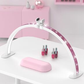 Update Large Half Moon Light for Nail Desk, Foldable 29in Nail Light for Desk with Phone Holder, Adjust Brightness 3000K‑6000K,Lash Light for Eyelash Tech, Makeup, Tattoo, Salon(Pink Crystal Diamond)