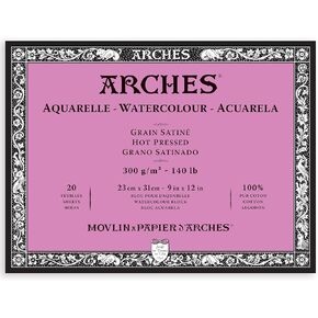 Arches Aquarelle Watercolor Block, Hot Pressed, 140lb/300gsm, 20 Sheet, 9x12 inch, Watercolor Paper 100% Cotton