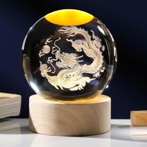 3D Dragon Figurines Crystal Ball with Wooden Base, 3D Laser Engraved Dragon Statue Decorative Glass Balls Paperweight Crystal Chinese Dragon Figurines Decor Gifts for Women