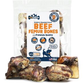 Single Ingredient Dog Bones - Made in USA - Beef Femur Bones - Natural Dog Bones for Aggressive Chewers - from USDA Inspected Beef - Hickory Smoked - Individually Wrapped (4 Piece Pack)