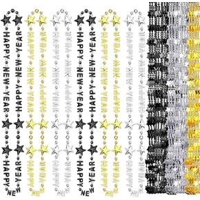 2025 Happy New Year Necklace, Black Gold Silver 3 Colors New Year's Eve Bead Necklace, 33 inch New Year Necklace Accessories Costume, New Year Party Supplies Gifts (Pack of 12)