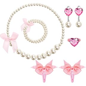 Handmade Pearl Kids Jewelry Set for Little Girls Toddler - Unique Clip On Earrings and Stretch Necklace Bracelets - Adjustable Heart Rings - Pink Bow Hair Clips - Cute Dress Up Gifts Box Bags