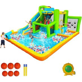 FBSPORT Inflatable Bounce House Water Slide, 9 in 1 Bounce House for Kids Indoor Outdoor Bouncy House with 550W Blower, Water Bounce House with Ball Shooting, Water Gun, Splash Pool, Bounce Area, Hose