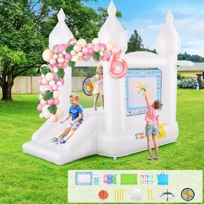 White Bounce House Indoor/Outdoor for Kids 2-8 with Balloons, Magical Water Canvas, Dart Target Balls, Bar Dart Set, Basketball, 102 x 70 x 97 Jumping Castle with Slide for Birthday Party, Wedding