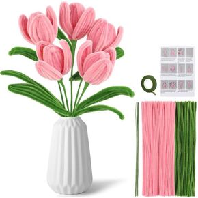 Pipe Cleaners Craft Supplies Pipe Cleaner Flowers Kit Chenille Stems Pipe Cleaners with Step-by-Step Video, Pipe Cleaners Set for Birthday Holiday Home Decoration (5 Flowers)