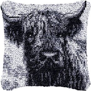 Grey Highland Cow Latch Hook Pillow Cover Kits for DIY Handmade Throw Pillow Cross Stitch Latch Hook Pillowcase Rug Kits with Preprinted Canvas Crochet Yarn Kits Needlework Crafts 17'' X 17''(a6)