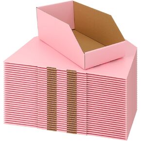 FORBFAN Cardboard Storage Bins, 30-Pack 6x12x4 1/2 Inch Open Top Corrugated Parts Bins, Pink Cardboard Organizer Bins for Pantry, Shelves, Warehouse, Garage, Office, Shop