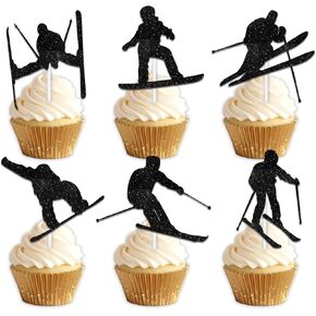18pcs Black Glitter Silhouette Skiing Player Cupcake Topper Winter Sport Skiing Theme Decor Supplies Men Women Happy Birthday Party Decorations