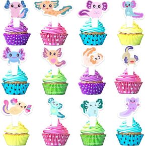 24Pcs Salamander Cupcake Toppers Set Happy Birthday Newt Axolotl Decoration, Boys and Girls Amphibian Theme Party, Reptile Party or Baby Shower Decoration, Birthday Gifts for Kids. LIANGSS