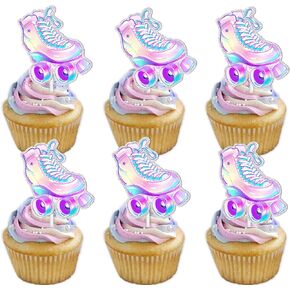 18pcs Glitter Roller Skates Dessert Cupcake Topper Children Boy Girl Happy Birthday Party Decorations 80s 90s Retro Hip Hop Roller Skating Theme Decor Supplies