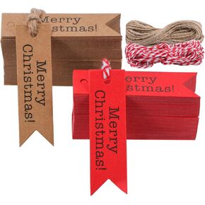 200 PCS Merry Christmas Gift Tags,Mini Kraft Paper Gift Tags,Craft Hanging Decoration Labels with 65.6 Feet Twines String for DIY Art and Home Party(100Red+100Brown)
